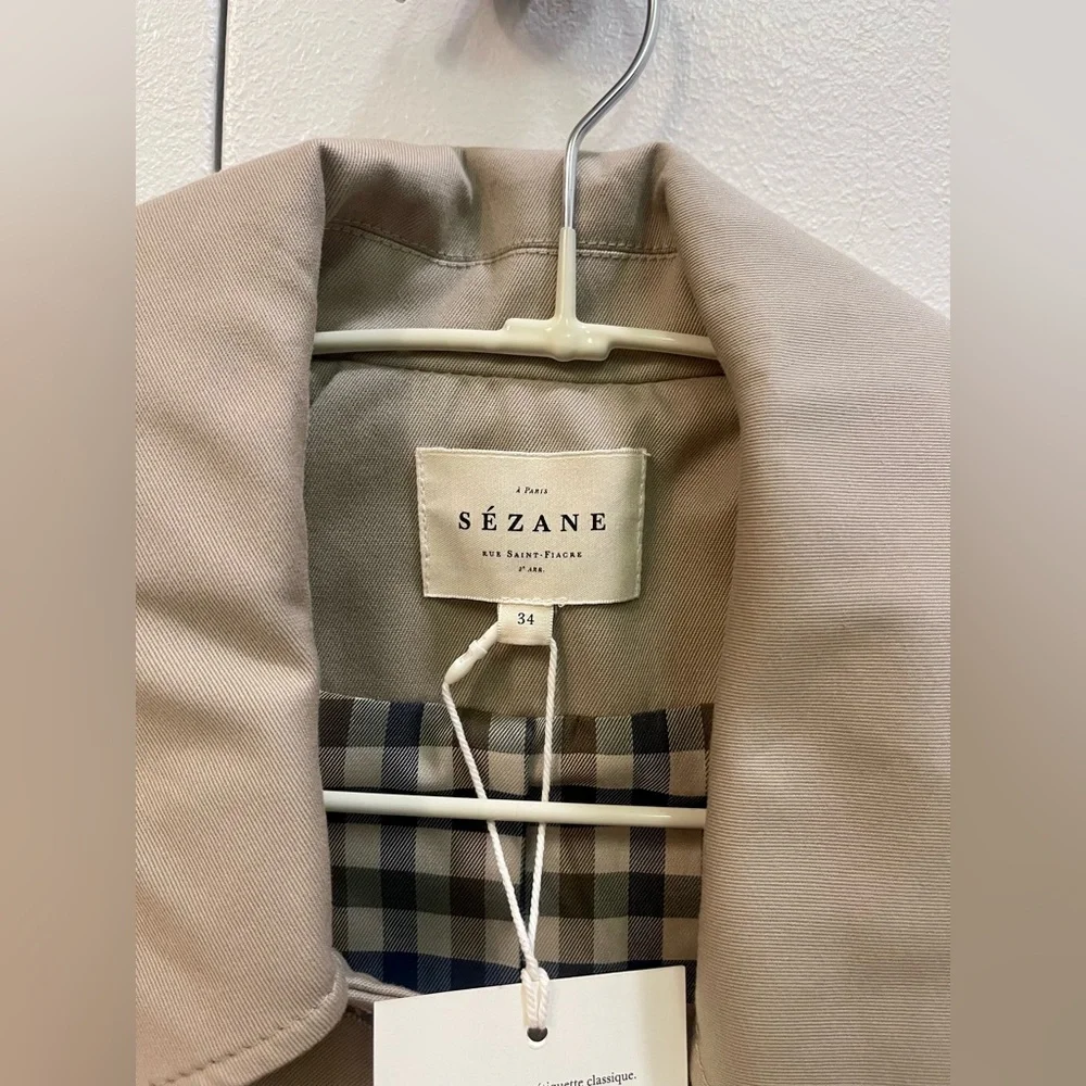 Sezane Bobby Jacket, Light Beige & Gingham, Oversized Cropped Trench, NWT Size 2 - Picture 7 of 16
